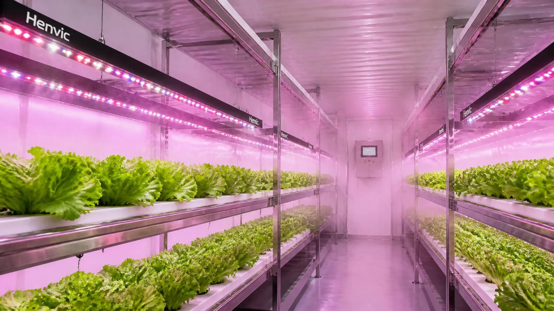 Lampe horticole LED série HVC-GL installée dans une ferme conteneur